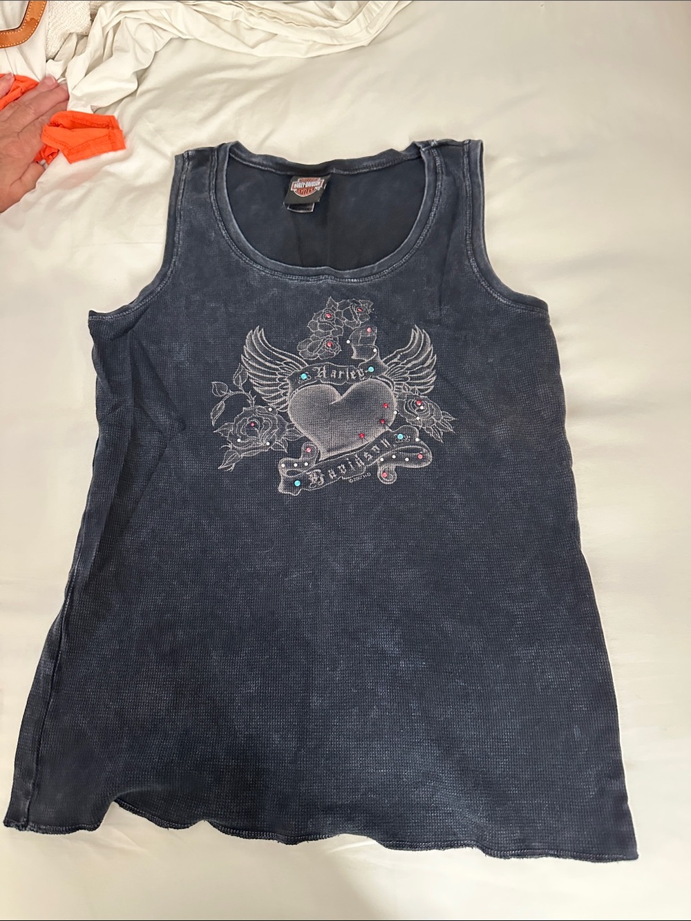 Harley-Davidson Women's Washed Black Tank with Heart & Wings Graphic